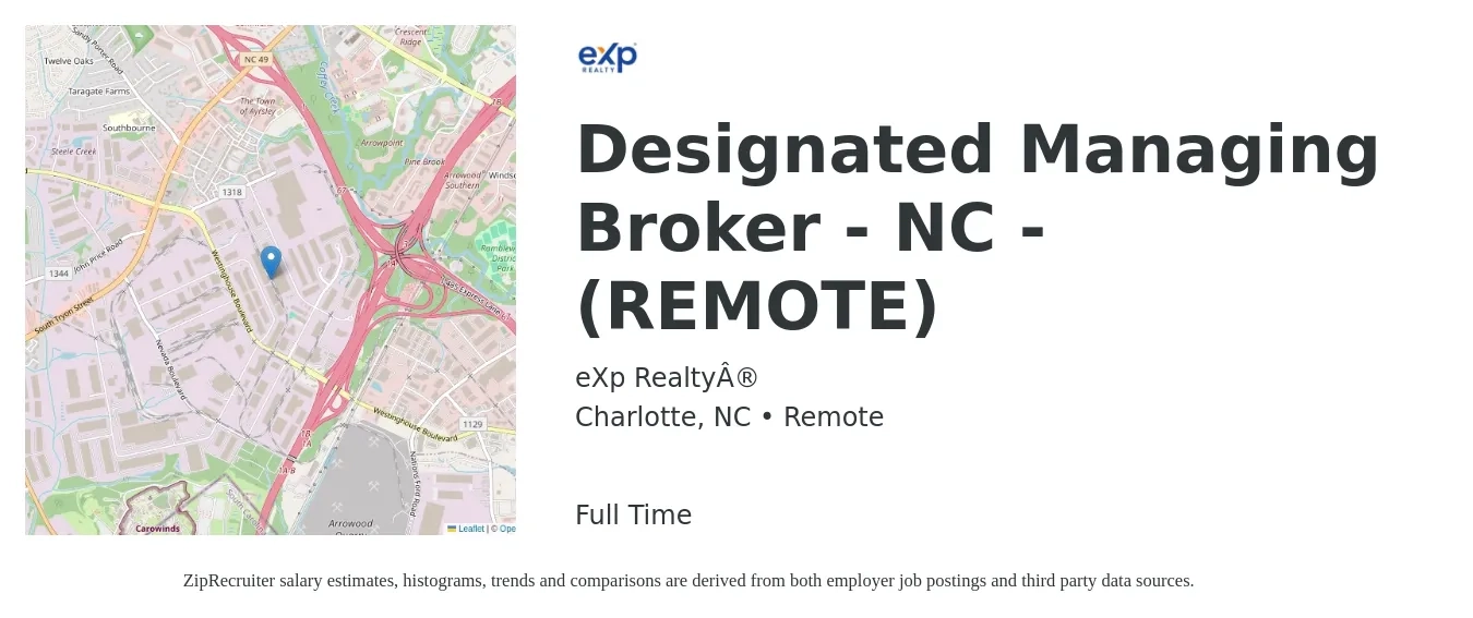 eXp Realty® job posting for a Designated Managing Broker - NC - (REMOTE) in Charlotte, NC with a salary of $44,000 to $128,400 Yearly with a map of Charlotte location.