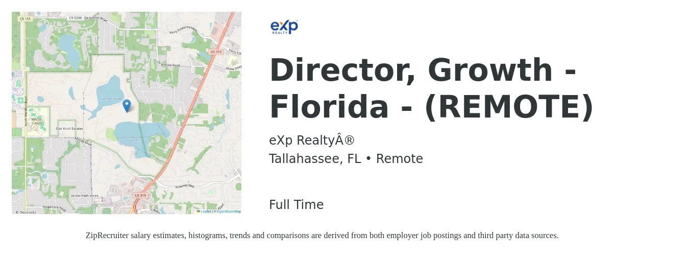 eXp Realty® job posting for a Director, Growth - Florida - (REMOTE) in Tallahassee, FL with a salary of $57,000 to $104,500 Yearly with a map of Tallahassee location.