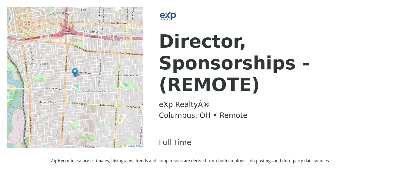 eXp Realty® job posting for a Director, Sponsorships - (REMOTE) in Columbus, OH with a salary of $72,400 to $128,900 Yearly with a map of Columbus location.
