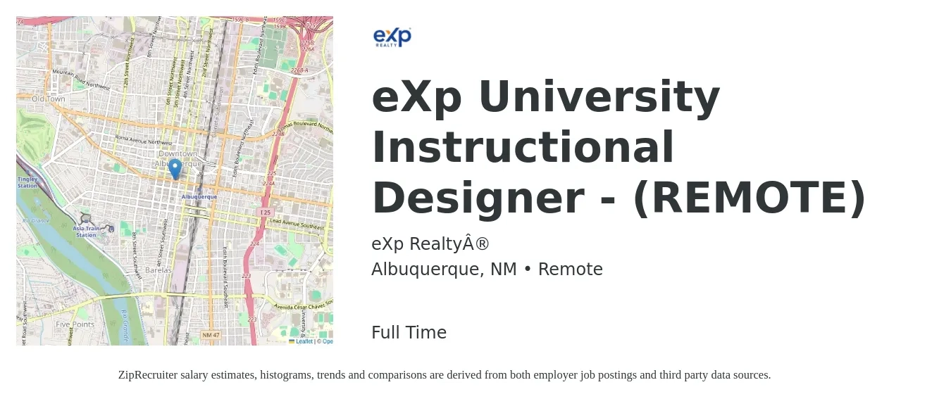 eXp Realty® job posting for a eXp University Instructional Designer - (REMOTE) in Albuquerque, NM with a salary of $60,100 to $80,500 Yearly with a map of Albuquerque location.