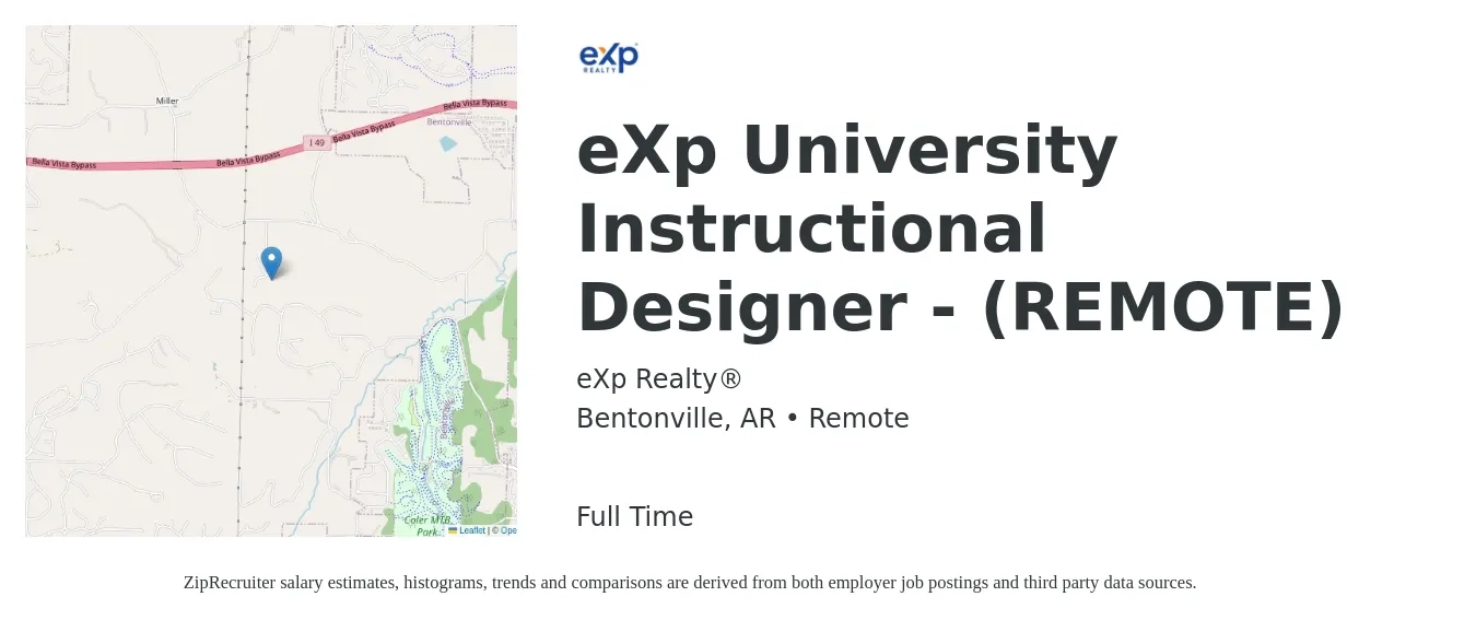 eXp Realty® job posting for a eXp University Instructional Designer - (REMOTE) in Bentonville, AR with a salary of $54,300 to $72,800 Yearly with a map of Bentonville location.