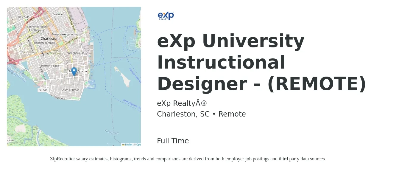eXp Realty® job posting for a eXp University Instructional Designer - (REMOTE) in Charleston, SC with a salary of $58,000 to $77,700 Yearly with a map of Charleston location.