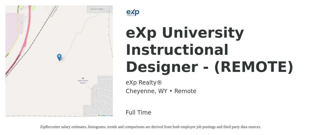 eXp Realty® job posting for a eXp University Instructional Designer - (REMOTE) in Cheyenne, WY with a salary of $58,800 to $78,700 Yearly with a map of Cheyenne location.