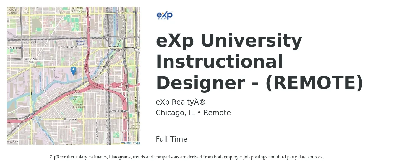 eXp Realty® job posting for a eXp University Instructional Designer - (REMOTE) in Chicago, IL with a salary of $63,900 to $85,500 Yearly with a map of Chicago location.