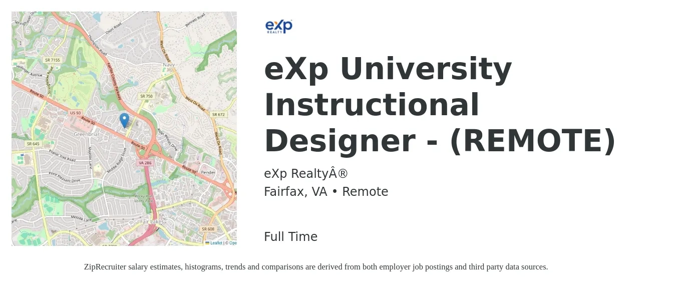 eXp Realty® job posting for a eXp University Instructional Designer - (REMOTE) in Fairfax, VA with a salary of $63,400 to $84,800 Yearly with a map of Fairfax location.