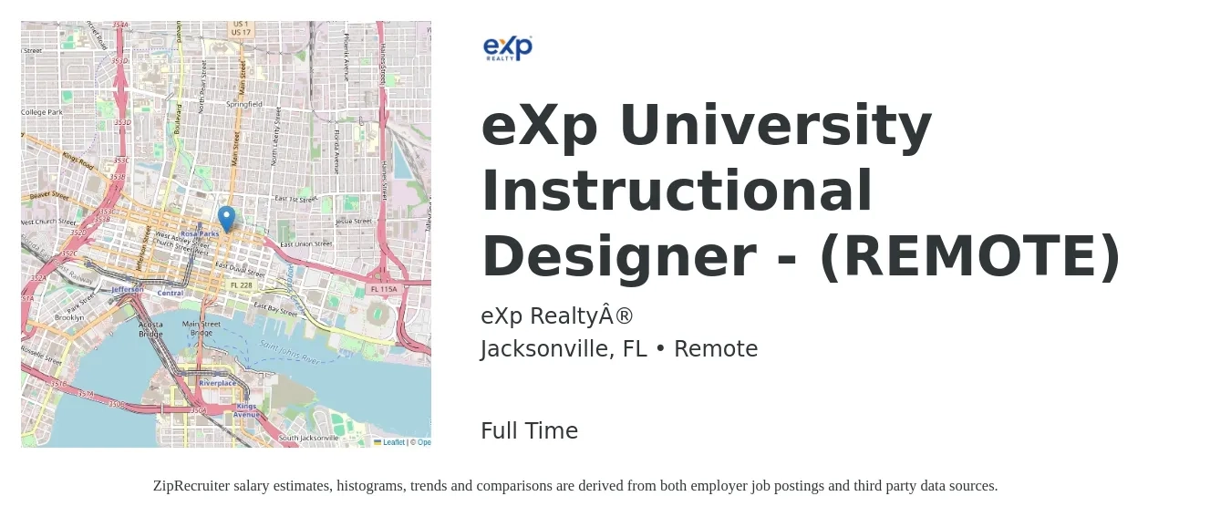 eXp Realty® job posting for a eXp University Instructional Designer - (REMOTE) in Jacksonville, FL with a salary of $57,400 to $76,900 Yearly with a map of Jacksonville location.