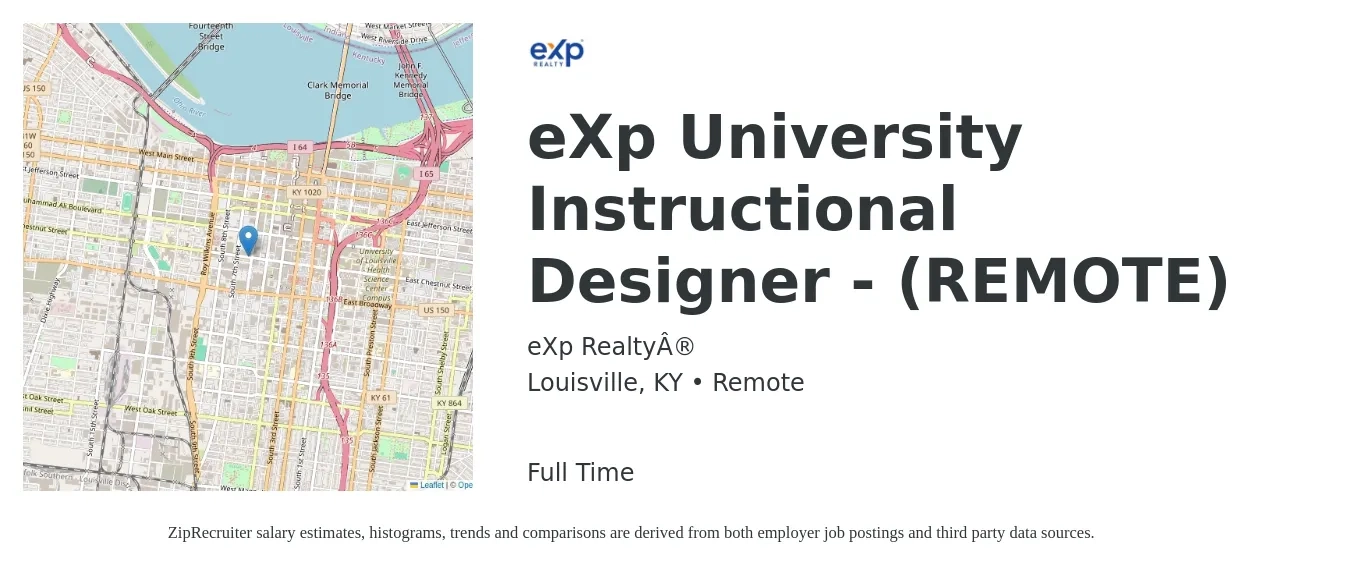 eXp Realty® job posting for a eXp University Instructional Designer - (REMOTE) in Louisville, KY with a salary of $59,600 to $79,700 Yearly with a map of Louisville location.