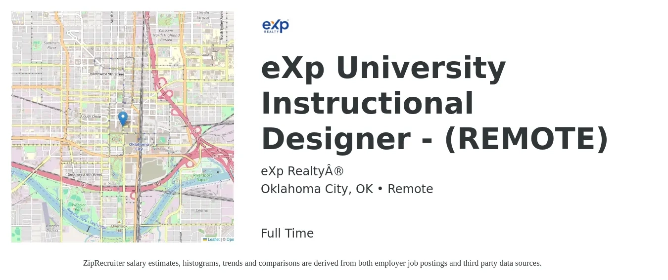 eXp Realty® job posting for a eXp University Instructional Designer - (REMOTE) in Oklahoma City, OK with a salary of $57,600 to $77,100 Yearly with a map of Oklahoma City location.