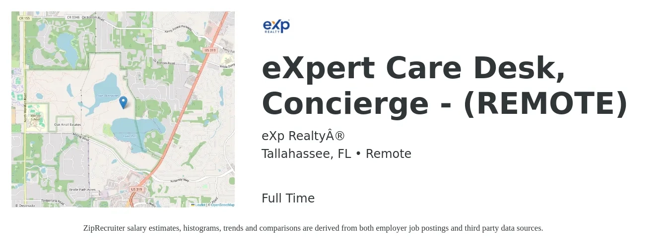 eXp Realty® job posting for a eXpert Care Desk, Concierge - (REMOTE) in Tallahassee, FL with a salary of $15 to $19 Hourly with a map of Tallahassee location.