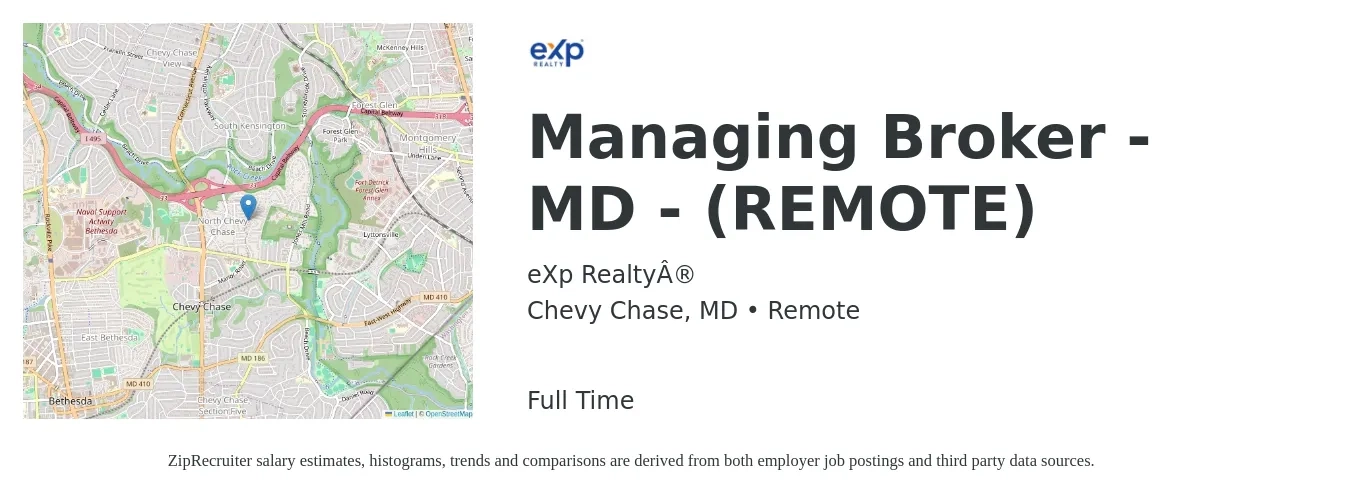 eXp Realty® job posting for a Managing Broker - MD - (REMOTE) in Chevy Chase, MD with a salary of $47,500 to $138,800 Yearly with a map of Chevy Chase location.