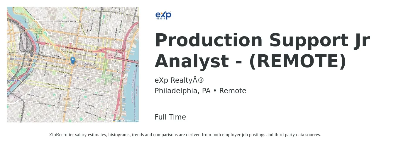 eXp Realty® job posting for a Production Support Jr Analyst - (REMOTE) in Philadelphia, PA with a salary of $35 to $61 Hourly with a map of Philadelphia location.