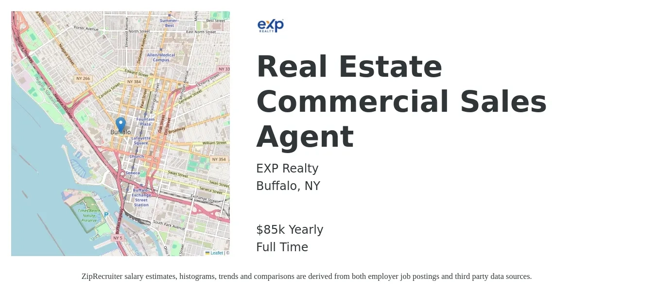 EXP Realty job posting for a Real Estate Commercial Sales Agent in Buffalo, NY with a salary of $85,500 Yearly with a map of Buffalo location.