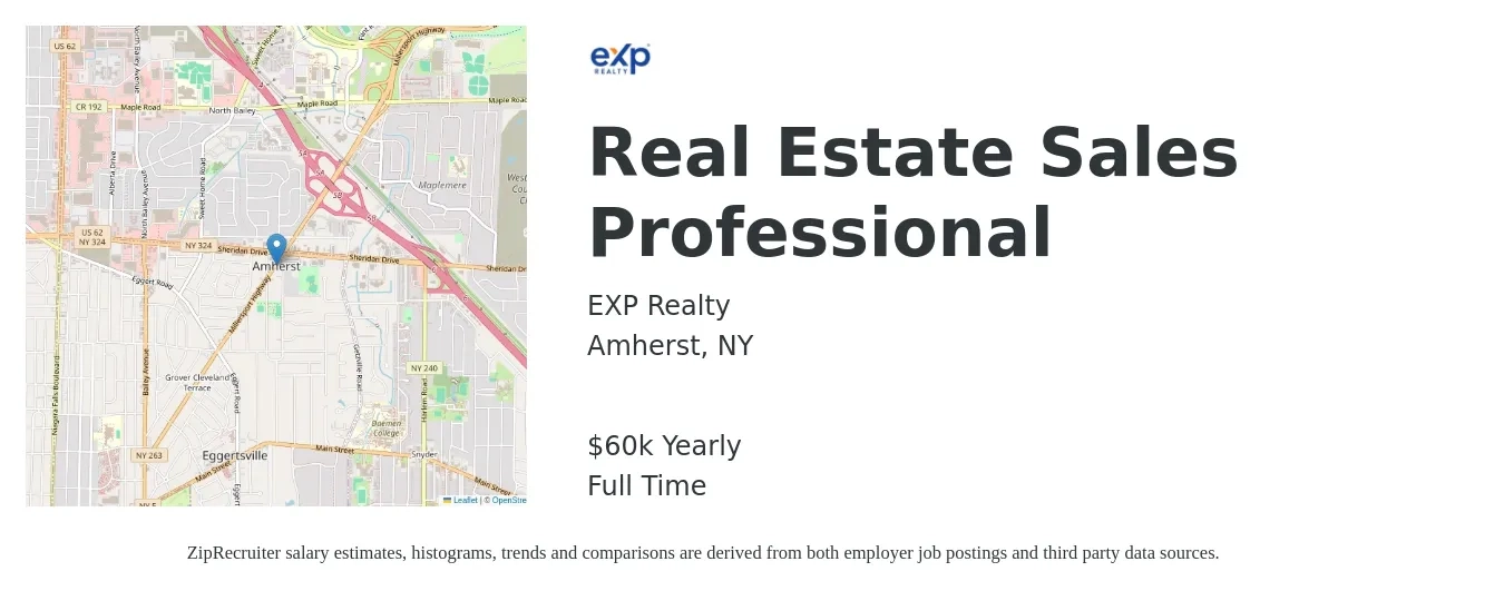 EXP Realty job posting for a Real Estate Sales Professional in Amherst, NY with a salary of $60,000 Yearly with a map of Amherst location.