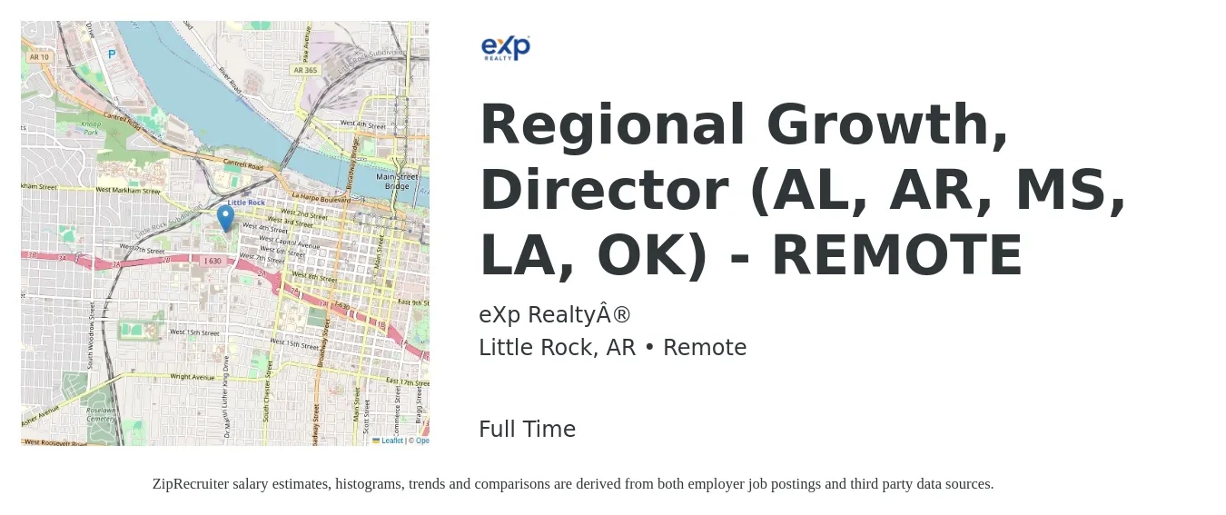 eXp Realty® job posting for a Regional Growth, Director (AL, AR, MS, LA, OK) - REMOTE in Little Rock, AR with a salary of $65,200 to $110,300 Yearly with a map of Little Rock location.
