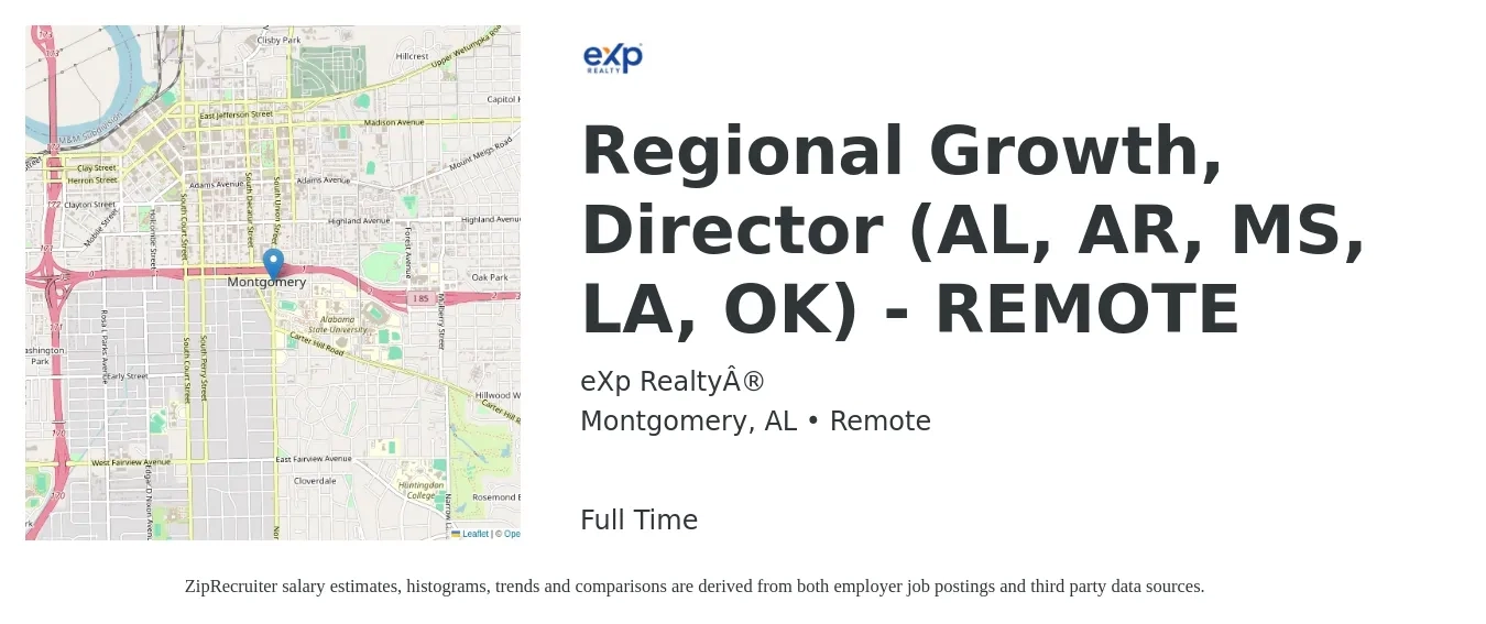eXp Realty® job posting for a Regional Growth, Director (AL, AR, MS, LA, OK) - REMOTE in Montgomery, AL with a salary of $67,300 to $113,800 Yearly with a map of Montgomery location.