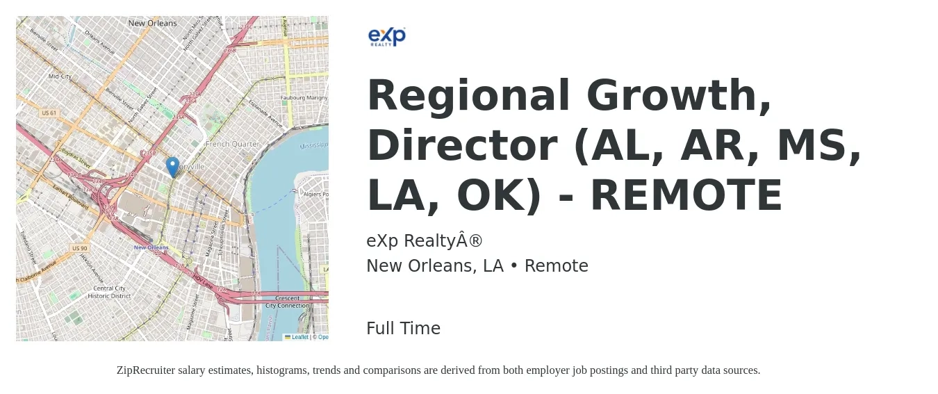 eXp Realty® job posting for a Regional Growth, Director (AL, AR, MS, LA, OK) - REMOTE in New Orleans, LA with a salary of $65,300 to $110,400 Yearly with a map of New Orleans location.