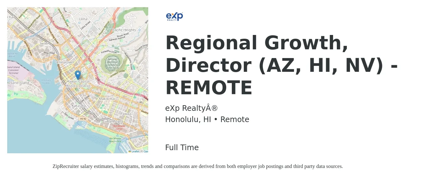 eXp Realty® job posting for a Regional Growth, Director (AZ, HI, NV) - REMOTE in Honolulu, HI with a salary of $67,200 to $113,600 Yearly with a map of Honolulu location.