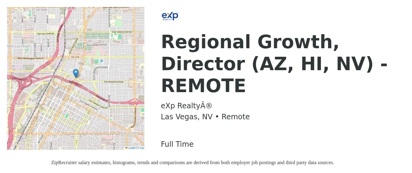 eXp Realty® job posting for a Regional Growth, Director (AZ, HI, NV) - REMOTE in Las Vegas, NV with a salary of $64,900 to $109,800 Yearly with a map of Las Vegas location.