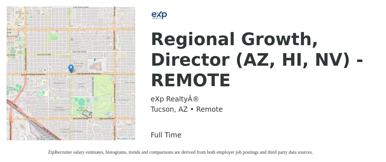 eXp Realty® job posting for a Regional Growth, Director (AZ, HI, NV) - REMOTE in Tucson, AZ with a salary of $64,300 to $108,700 Yearly with a map of Tucson location.