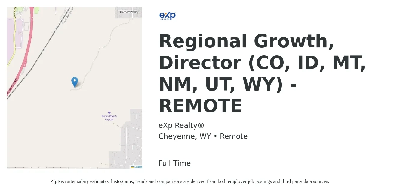 eXp Realty® job posting for a Regional Growth, Director (CO, ID, MT, NM, UT, WY) - REMOTE in Cheyenne, WY with a salary of $90,500 to $133,600 Yearly with a map of Cheyenne location.