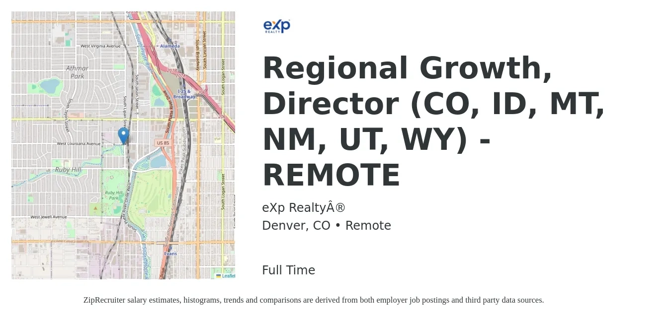 eXp Realty® job posting for a Regional Growth, Director (CO, ID, MT, NM, UT, WY) - REMOTE in Denver, CO with a salary of $98,300 to $145,100 Yearly with a map of Denver location.
