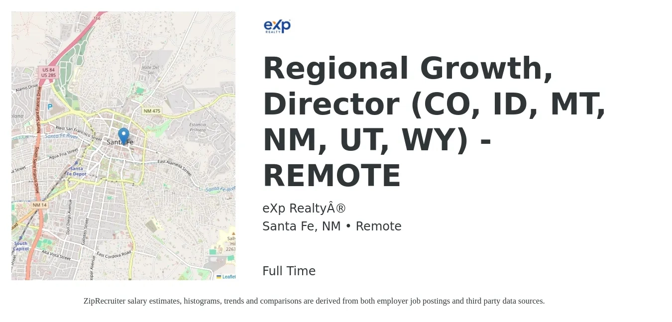 eXp Realty® job posting for a Regional Growth, Director (CO, ID, MT, NM, UT, WY) - REMOTE in Santa Fe, NM with a salary of $93,700 to $138,400 Yearly with a map of Santa Fe location.