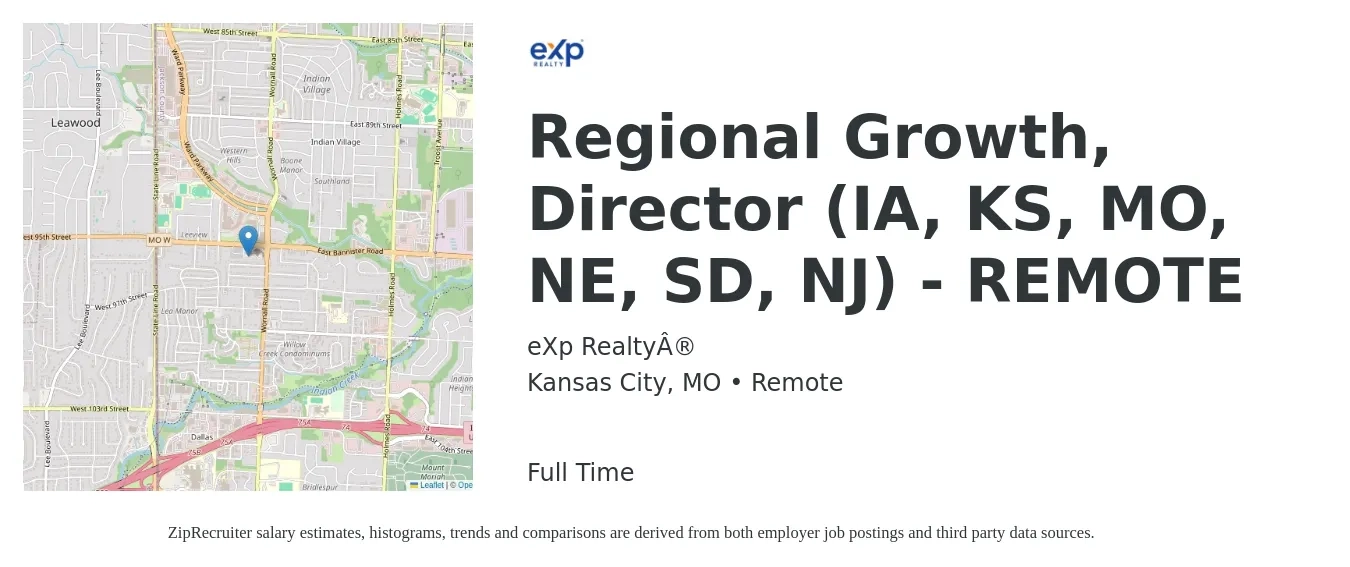 eXp Realty® job posting for a Regional Growth, Director (IA, KS, MO, NE, SD, NJ) - REMOTE in Kansas City, MO with a salary of $66,400 to $112,200 Yearly with a map of Kansas City location.