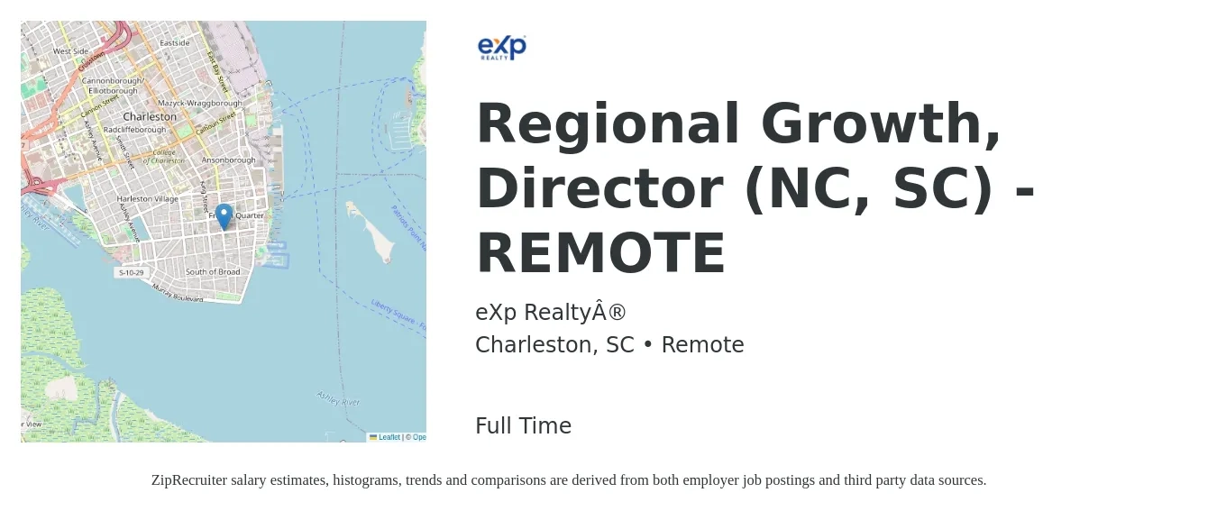 eXp Realty® job posting for a Regional Growth, Director (NC, SC) - REMOTE in Charleston, SC with a salary of $63,600 to $107,600 Yearly with a map of Charleston location.