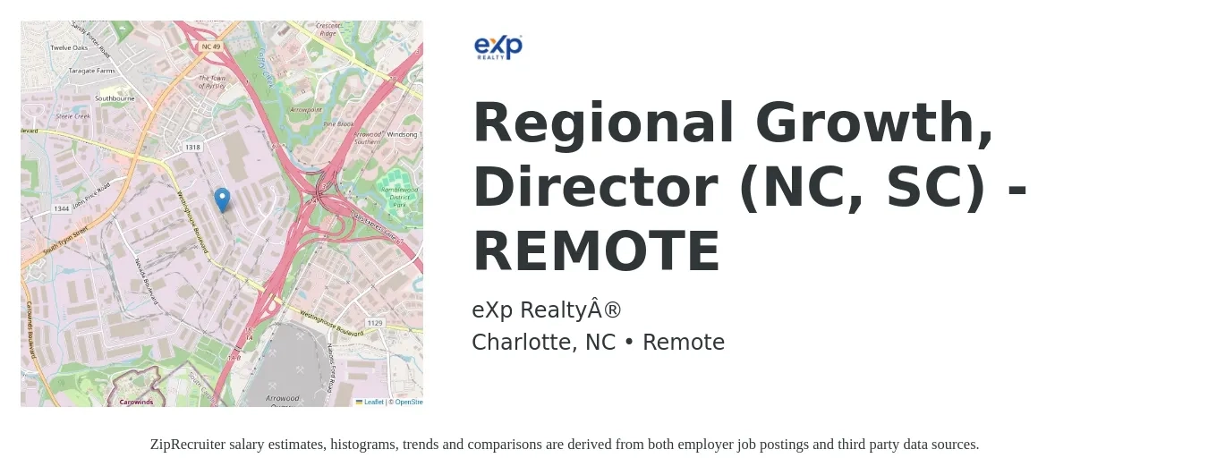eXp Realty® job posting for a Regional Growth, Director (NC, SC) - REMOTE in Charlotte, NC with a salary of $66,400 to $112,300 Yearly with a map of Charlotte location.