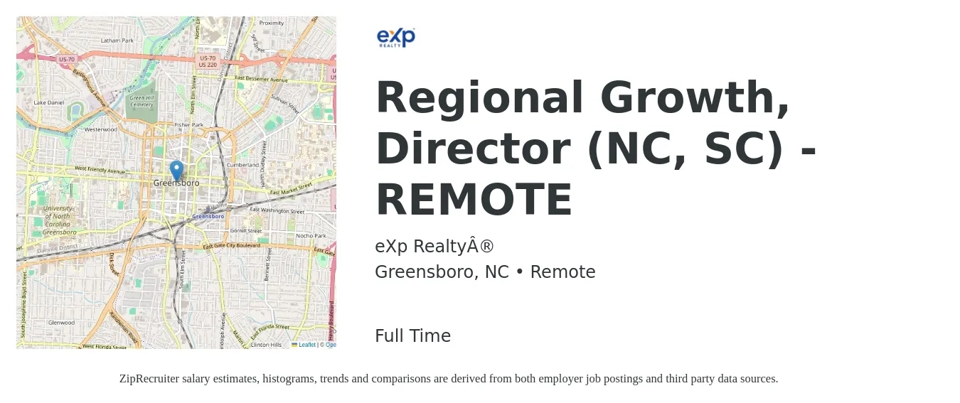 eXp Realty® job posting for a Regional Growth, Director (NC, SC) - REMOTE in Greensboro, NC with a salary of $65,900 to $111,400 Yearly with a map of Greensboro location.