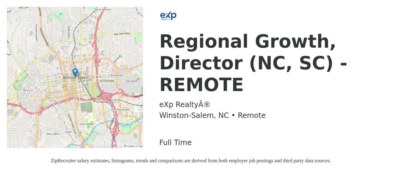 eXp Realty® job posting for a Regional Growth, Director (NC, SC) - REMOTE in Winston-Salem, NC with a salary of $62,700 to $106,100 Yearly with a map of Winston-Salem location.