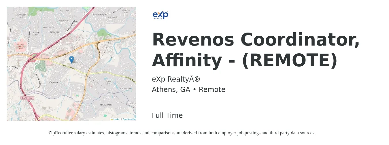 eXp Realty® job posting for a Revenos Coordinator, Affinity - (REMOTE) in Athens, GA with a map of Athens location.