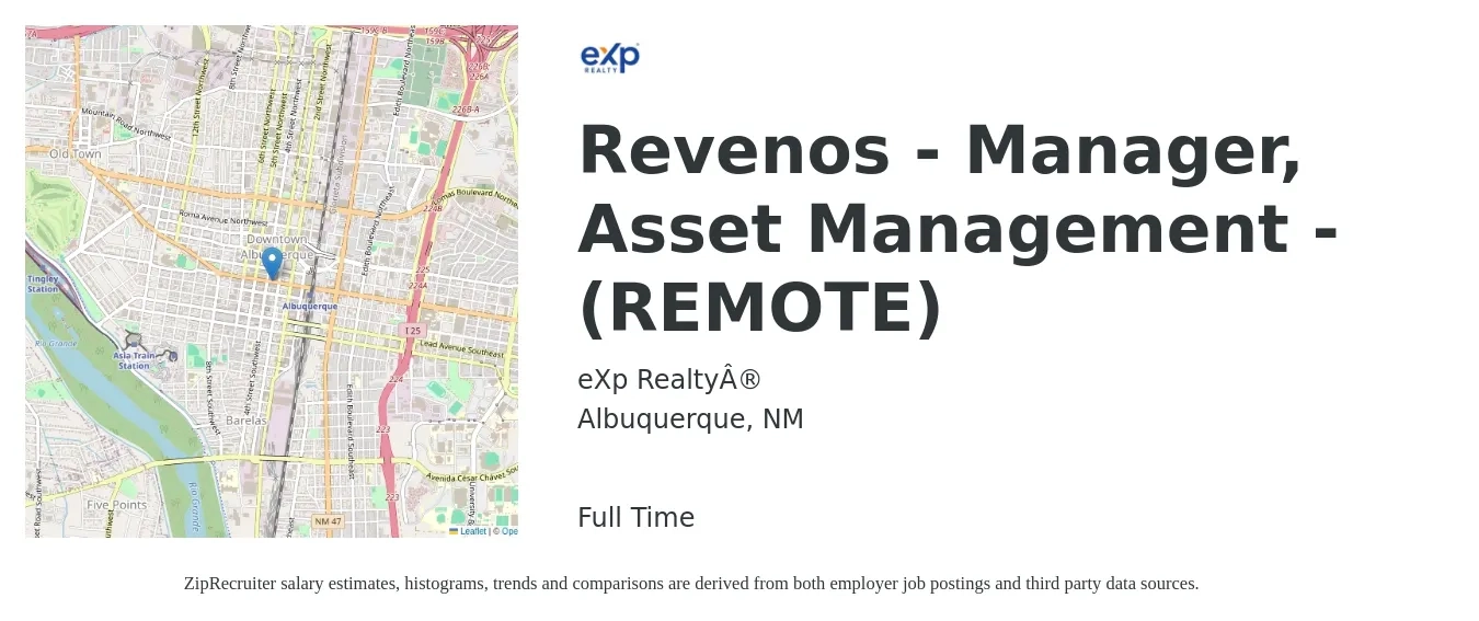 eXp Realty® job posting for a Revenos - Manager, Asset Management - (REMOTE) in Albuquerque, NM with a salary of $72,200 to $105,700 Yearly with a map of Albuquerque location.