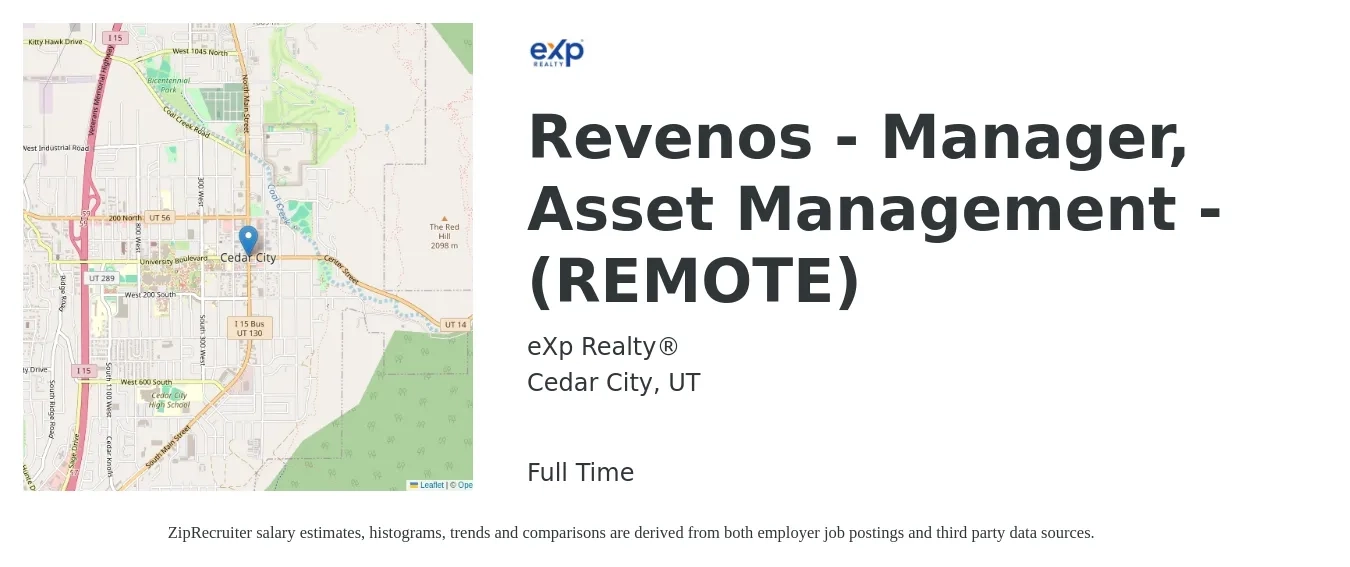 eXp Realty® job posting for a Revenos - Manager, Asset Management - (REMOTE) in Cedar City, UT with a salary of $62,900 to $92,000 Yearly with a map of Cedar City location.