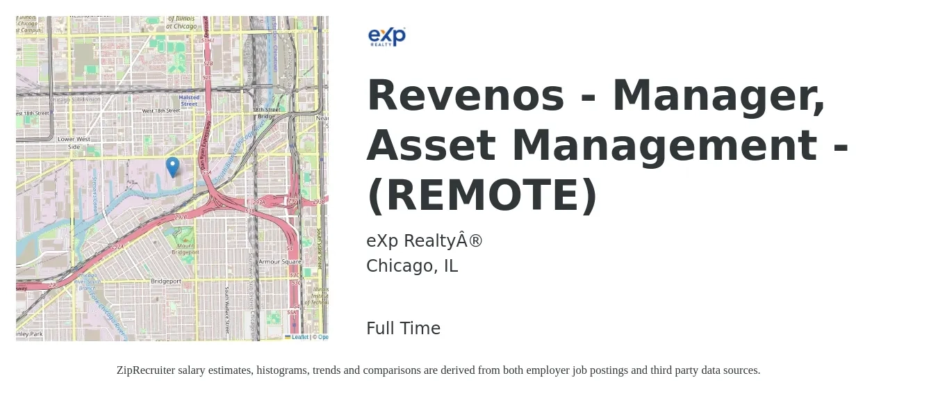eXp Realty® job posting for a Revenos - Manager, Asset Management - (REMOTE) in Chicago, IL with a salary of $76,700 to $112,300 Yearly with a map of Chicago location.