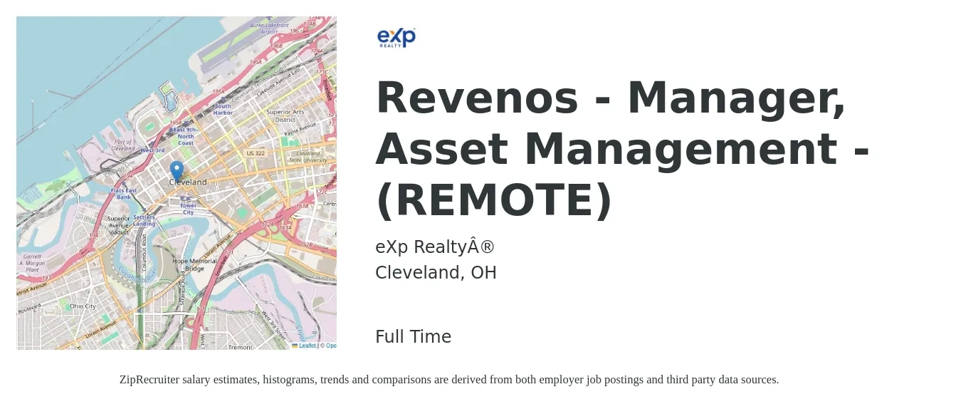 eXp Realty® job posting for a Revenos - Manager, Asset Management - (REMOTE) in Cleveland, OH with a salary of $72,300 to $105,700 Yearly with a map of Cleveland location.