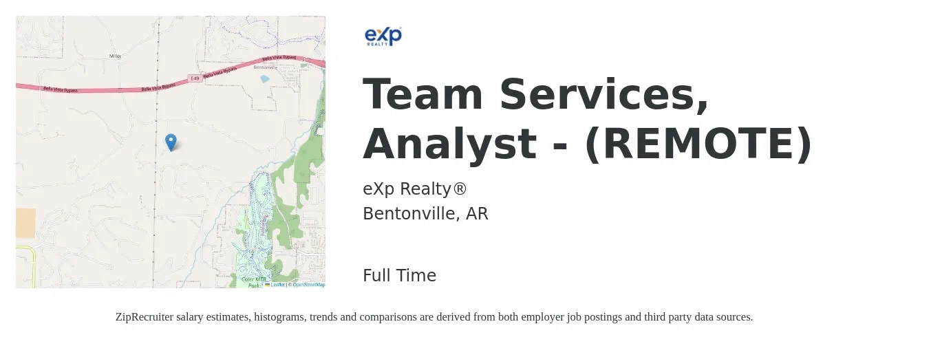 eXp Realty® job posting for a Team Services, Analyst - (REMOTE) in Bentonville, AR with a salary of $19 to $49 Hourly with a map of Bentonville location.