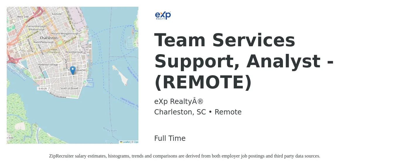eXp Realty® job posting for a Team Services Support, Analyst - (REMOTE) in Charleston, SC with a salary of $22 to $37 Hourly with a map of Charleston location.