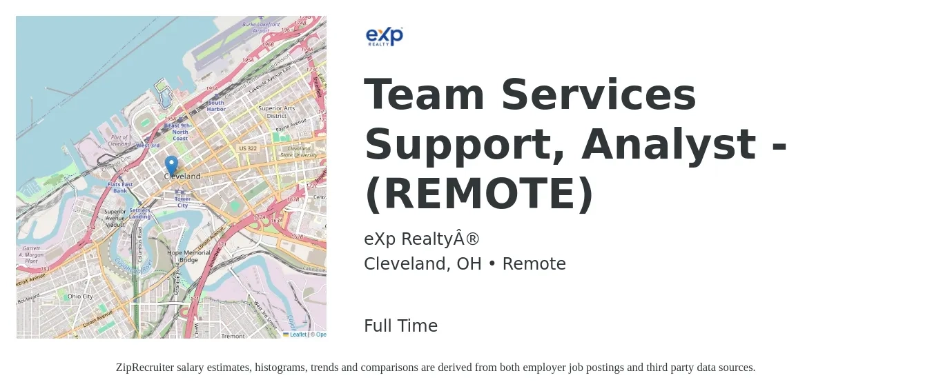 eXp Realty® job posting for a Team Services Support, Analyst - (REMOTE) in Cleveland, OH with a salary of $22 to $38 Hourly with a map of Cleveland location.