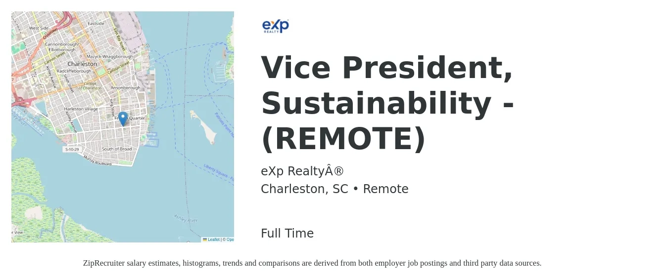 eXp Realty® job posting for a Vice President, Sustainability - (REMOTE) in Charleston, SC with a salary of $263,000 to $374,300 Yearly with a map of Charleston location.