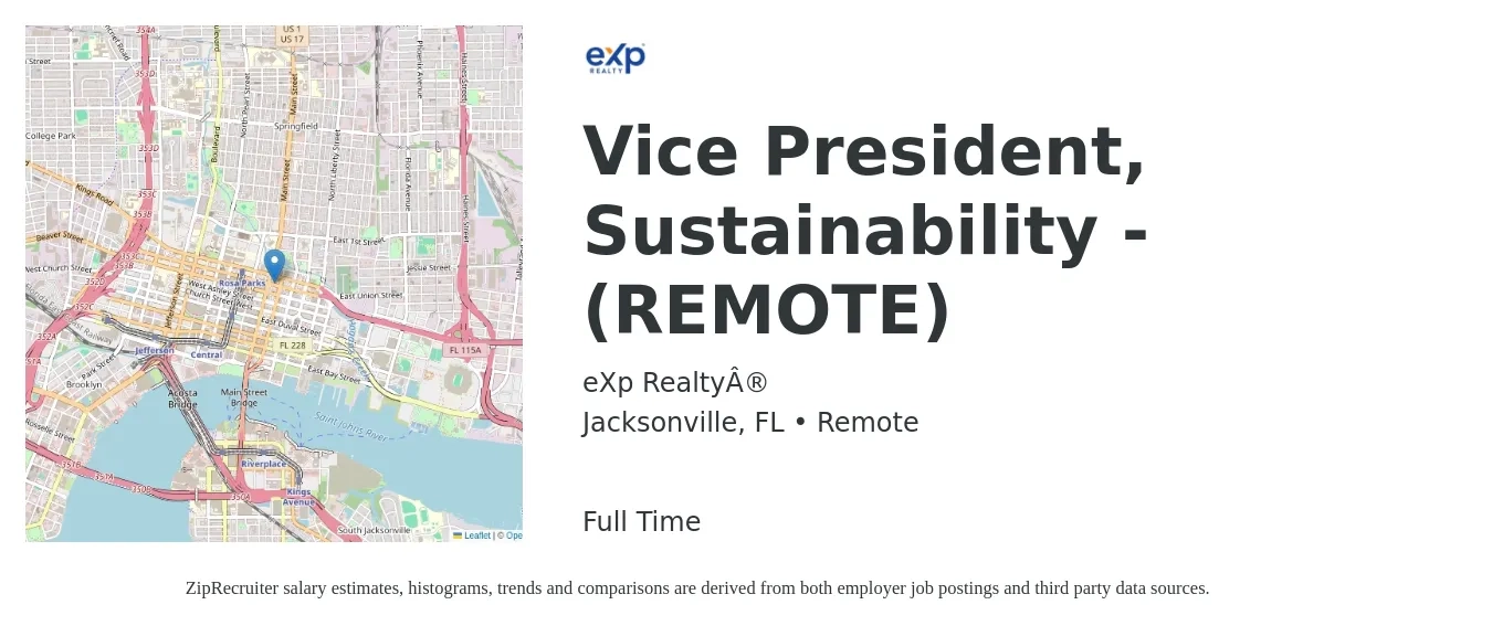 eXp Realty® job posting for a Vice President, Sustainability - (REMOTE) in Jacksonville, FL with a salary of $260,400 to $370,600 Yearly with a map of Jacksonville location.