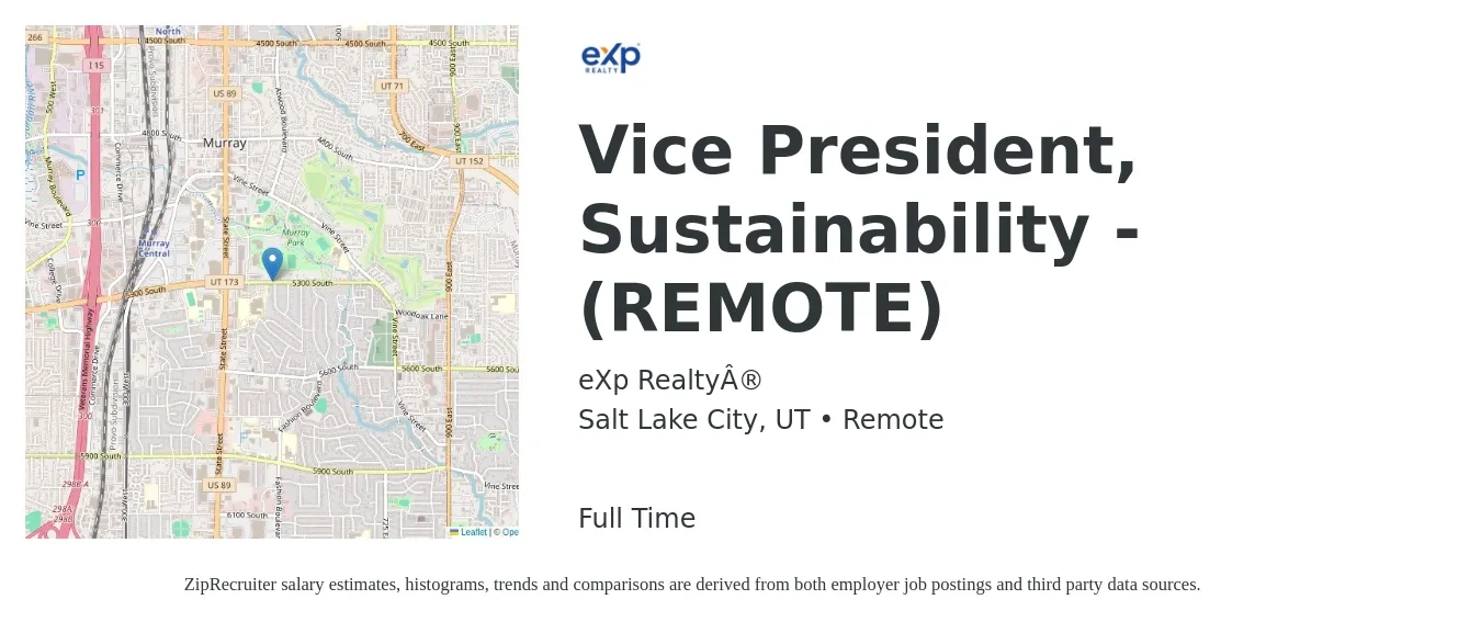 eXp Realty® job posting for a Vice President, Sustainability - (REMOTE) in Salt Lake City, UT with a salary of $271,900 to $387,100 Yearly with a map of Salt Lake City location.