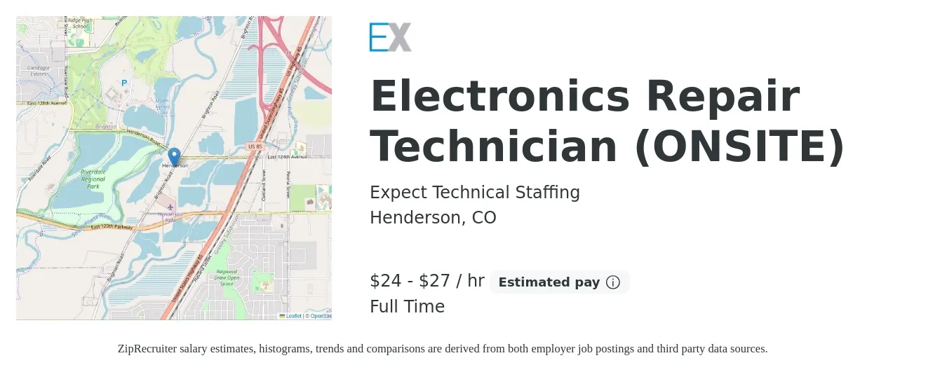 Expect Technical Staffing job posting for a Electronics Repair Technician (ONSITE) in Henderson, CO with a salary of $25 to $29 Hourly with a map of Henderson location.