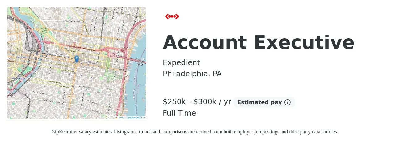 Expedient job posting for a Account Executive in Philadelphia, PA with a salary of $250,000 to $300,000 Yearly with a map of Philadelphia location.