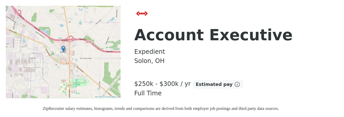 Expedient job posting for a Account Executive in Solon, OH with a salary of $250,000 to $300,000 Yearly with a map of Solon location.