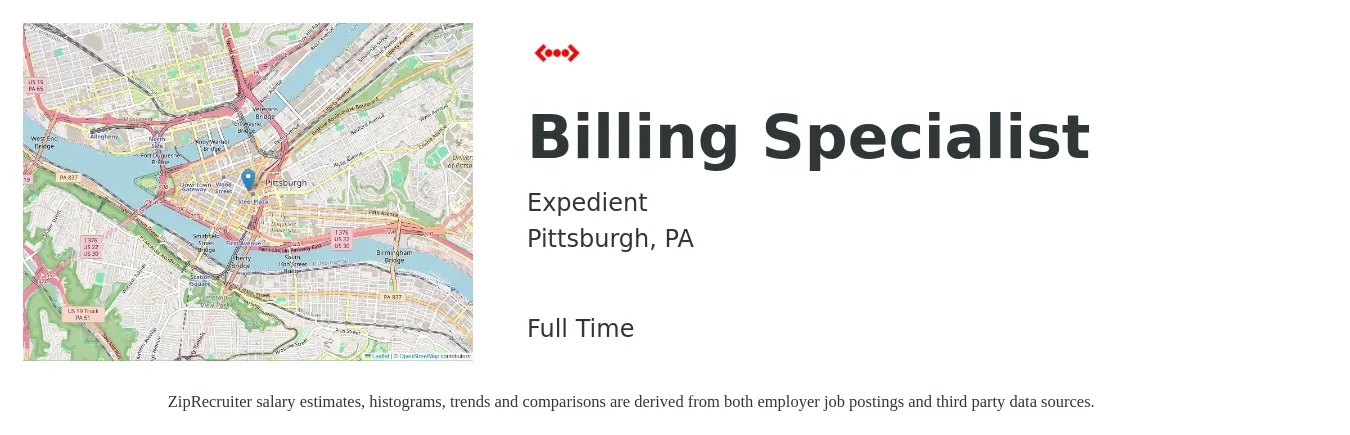 Expedient job posting for a Billing Specialist in Pittsburgh, PA with a salary of $36,000 to $48,000 Yearly with a map of Pittsburgh location.