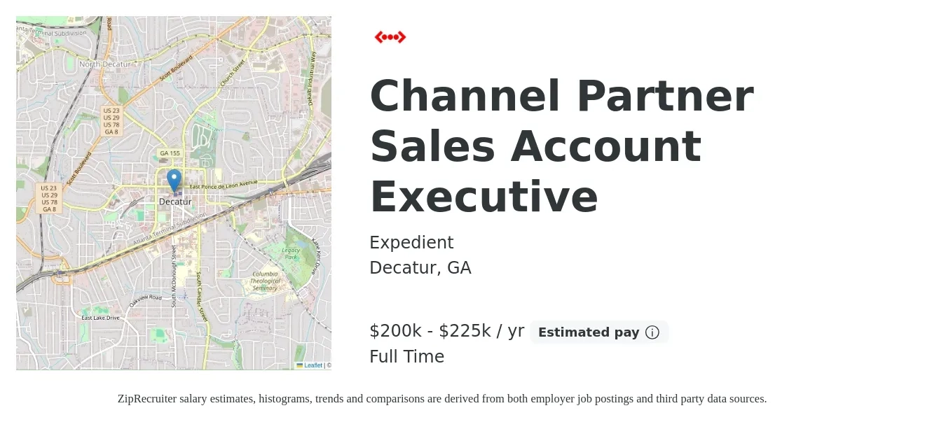 Expedient job posting for a Channel Partner Sales Account Executive in Decatur, GA with a salary of $200,000 to $225,000 Yearly with a map of Decatur location.