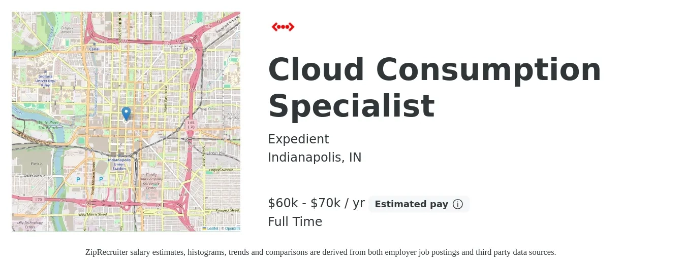 Expedient job posting for a Cloud Consumption Specialist in Indianapolis, IN with a salary of $60,000 to $70,000 Yearly with a map of Indianapolis location.