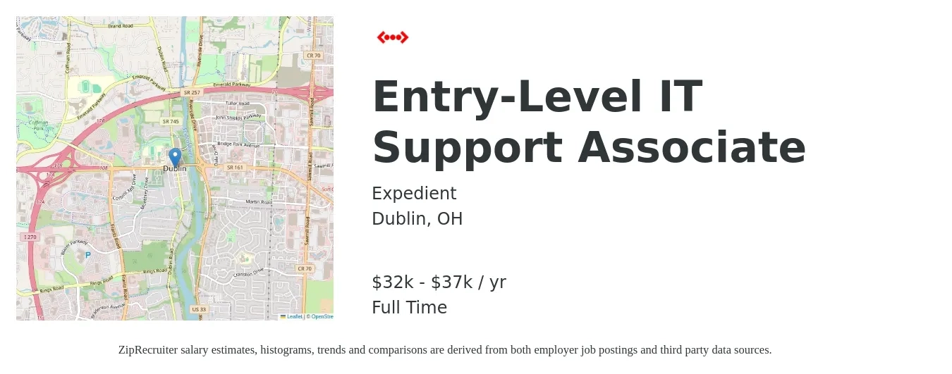 Expedient job posting for a Entry-Level IT Support Associate in Dublin, OH with a salary of $32,000 to $37,000 Yearly with a map of Dublin location.