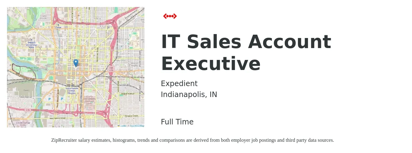 Expedient job posting for a IT Sales Account Executive in Indianapolis, IN with a salary of $50,400 to $79,100 Yearly with a map of Indianapolis location.
